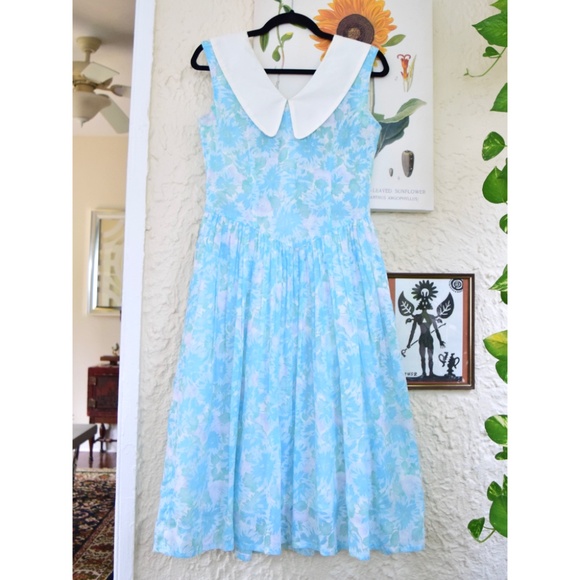 50s pastel teal blue green purple cotton gauze day dress (S) - Picture 2 of 5